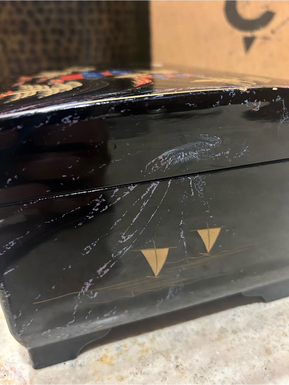 Vintage Black Lacquered Asian Musical Jewelry Box - Picture 7 of 16